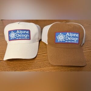 NWT pair of Alpine Design adjustable snapback trucker hats, dark/natural khaki.